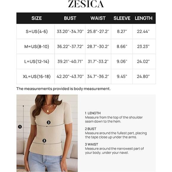 ZESICA NWT Beige Ribbed Knit V-Neck Short Sleeve Slim Fit Top Sz L - Picture 8 of 10